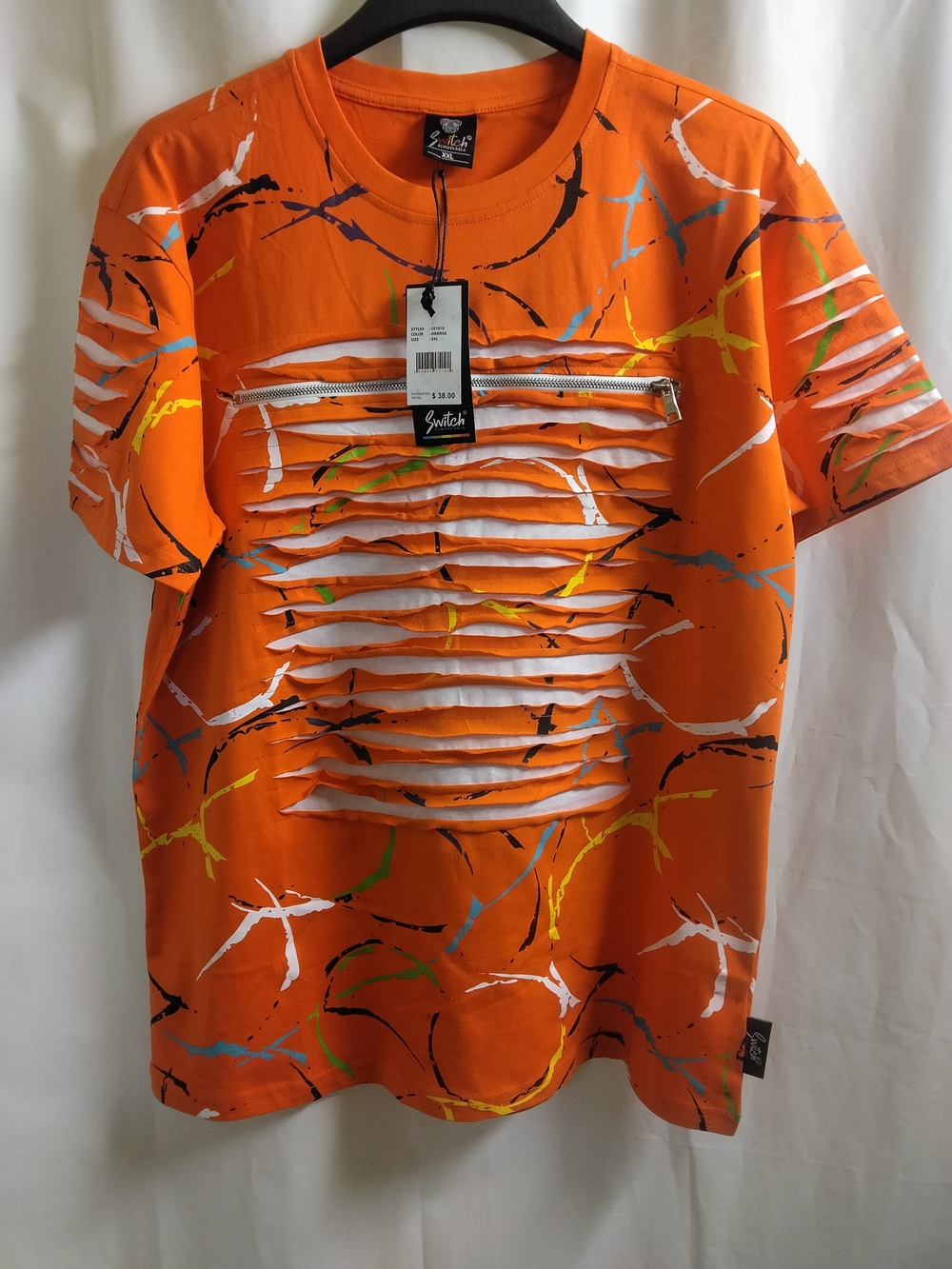 Orange Distressed Zip-Accent Men's T-Shirt.